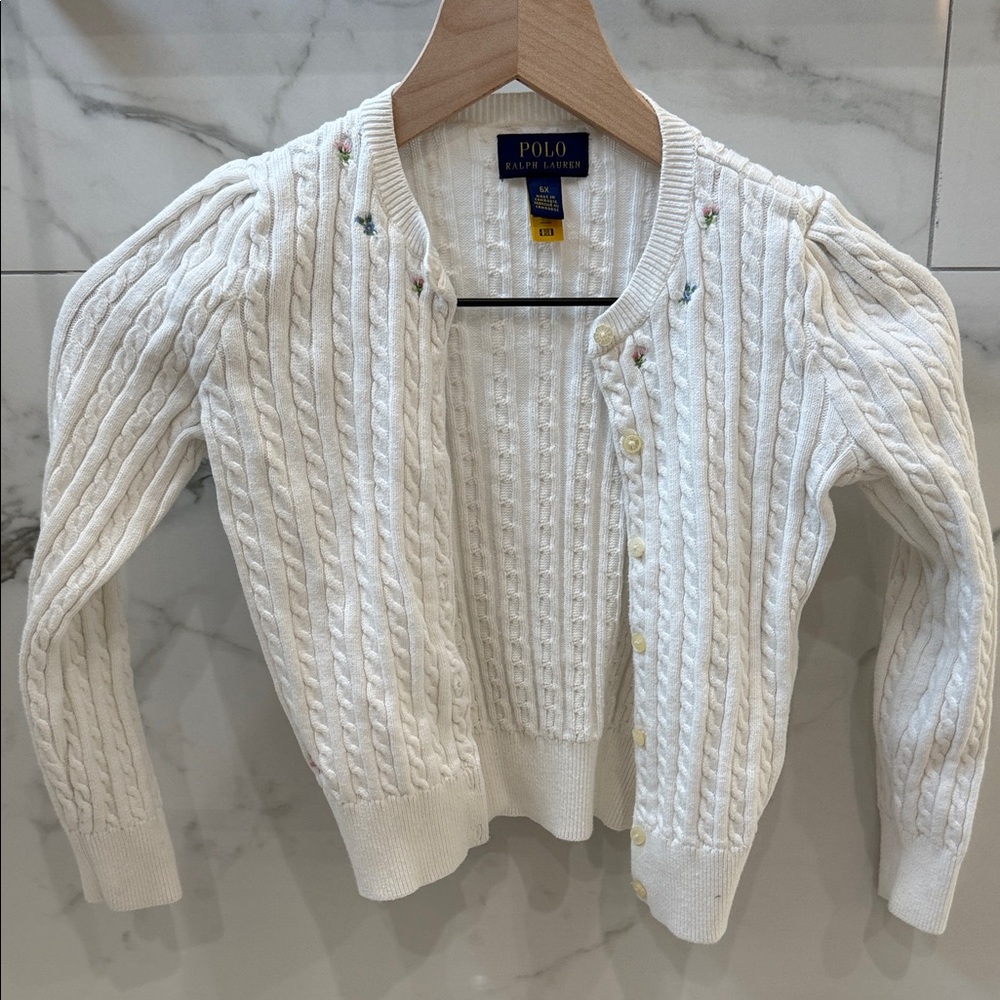 Polo by Ralph Lauren Girl’s White Cable Knit Flower Sweater Cardigan Size 6X